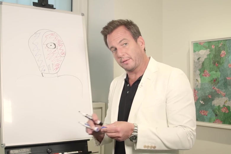 Will Arnett stands in front of a not-very-convincing drawing of Slade.